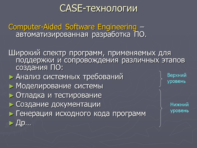 Computer-Aided Software Engineering – автоматизированная разработка ПО.  Широкий спектр программ, применяемых для поддержки